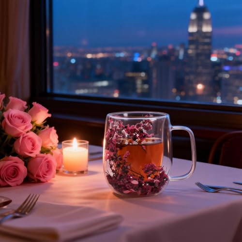 Pink Preserved Flower Double Wall Glass Coffee Mug 13oz - Gift for Women