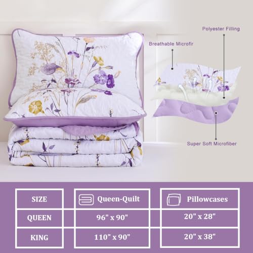Light Purple Floral Quilt Set Queen - 3 Piece Reversible Bedspread with Shams