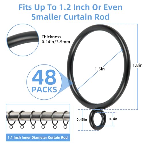 48 Pack Metal Curtain Rings with Eyelets, 1.5 Inch Inner Diameter, Black