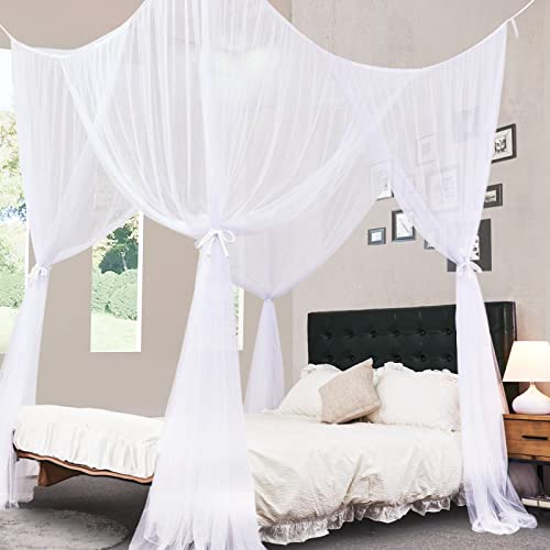 4 Corner Post Canopy Bed Curtains for King & Queen Beds, Soft White