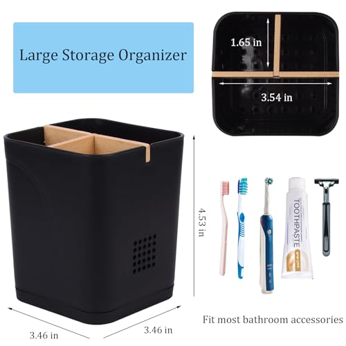 Electric Toothbrush and Toothpaste Organizer with Bamboo Divider, Black
