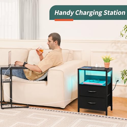 LED Nightstand with Charging Station, 2 Fabric Drawers & Storage Shelf
