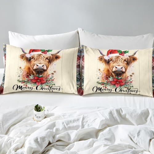 Castle Fairy Highland Cattle Bedding Set Queen Brown Beige – Duvet Cover 90x90 with Pillowcases, Zipper & Ties