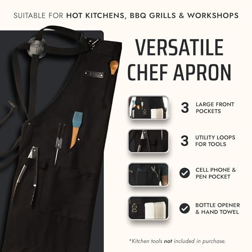 Heavy-Duty Chef and BBQ Apron with Bottle Opener, Hand Towel & Cross Back