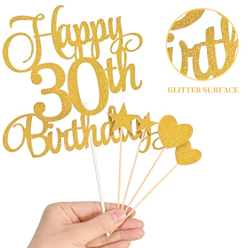 30th Birthday Cake Topper and Numeral Candle Set - Gold Glitter Decor