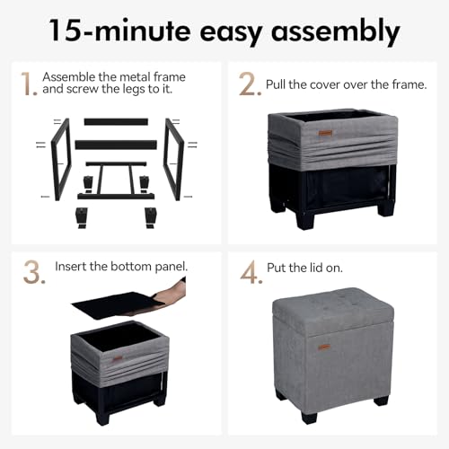 Small Steel Frame Storage Ottoman with Chenille Cushion, Gray