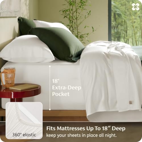 Bedsure White Queen Organic Bamboo Viscose Sheet Set - 4 Pieces, Deep Pocket, Cool & Soft