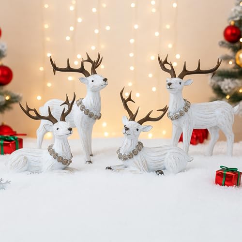 Wesiti 4-Pack Christmas Ceramic Reindeer Figurines for Holiday Decor, White Scandi Style
