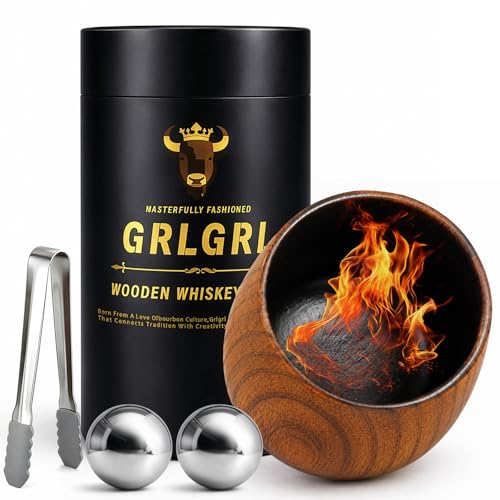 Charred Wooden Whiskey Cup Gift Set with Stainless Steel Ice Balls and Tongs