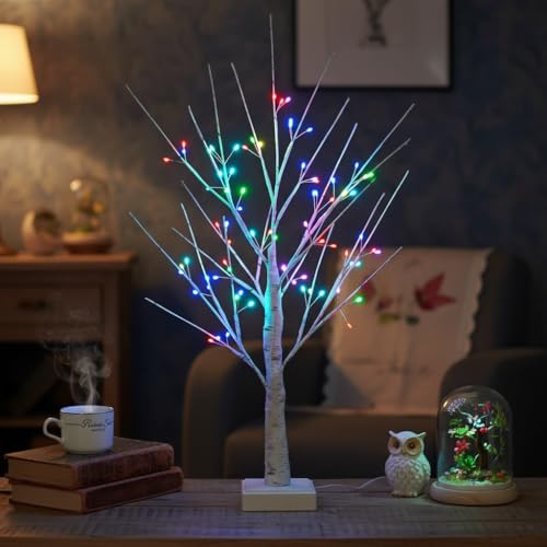 White Birch Tree with 72 RGB LED Lights & Remote - Indoor Christmas & Holiday Decor - 2ft Spirit Twinkling Tree
