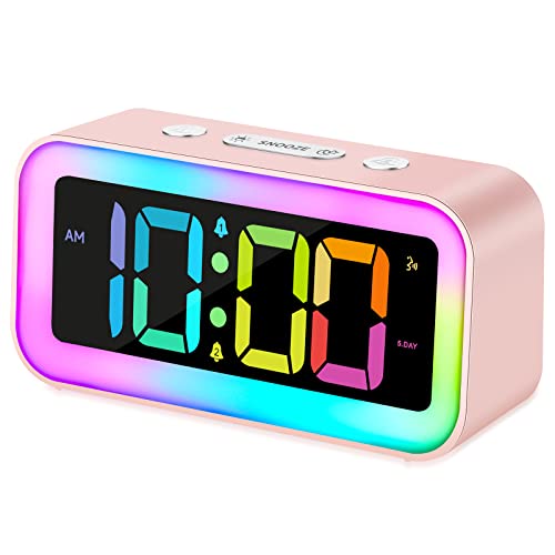 Cute Pink Digital Alarm Clock with RGB Night Light & USB Charger