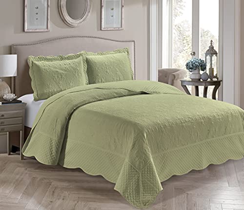 Oversized 3-Piece Embossed Solid Color Bedspread Set - Sage Green, Full/Queen