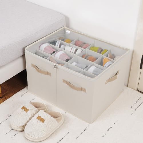 Foldable Shoe Organizer for Closet with Adjustable Dividers and Clear Lid