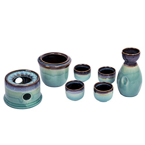 MyGift 7-Piece Sake Set with Ceramic Carafe, Cups & Warmer - Japanese Style