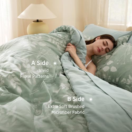 Sage Green Floral Queen Comforter Set - 7-Piece All-Season Bed in a Bag