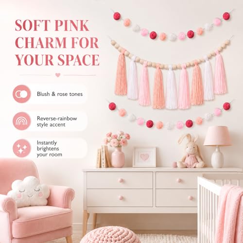 Boho Tassel and Pom Pom Garland Set - 3 Piece Wall Decor for Nursery