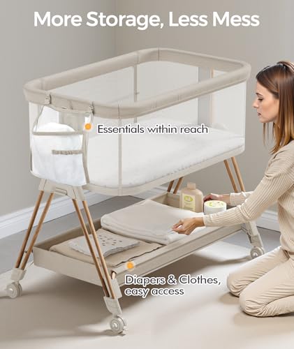 3-in-1 Bedside Sleeper Baby Bassinet - 7 Height Adjustable Crib with Wheels