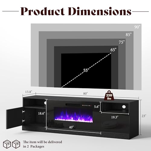 80-Inch Fireplace TV Stand with 40-Inch Electric Fireplace and LED Lights