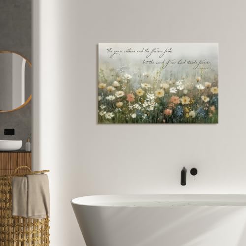 BewDalky Christian Floral Canvas Wall Art - Bible Verse & Wildflowers, Wrapped Canvas, 30 x 20 inches, Yellow White