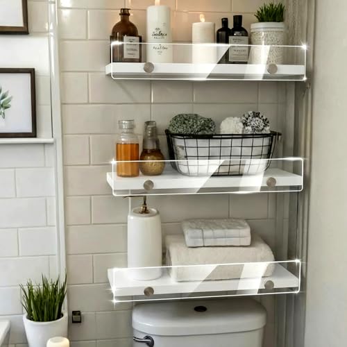 15.7" Rustic Floating Wall Shelves with Acrylic Lip, 3 Pack White