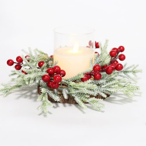 FBIRDY 2pcs Small Christmas Wreath Candle Rings with Red Berries - Candle Rings 03