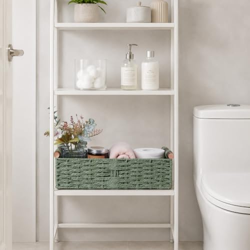 Round Paper Rope Storage Basket Wicker Organizer with Handle Green