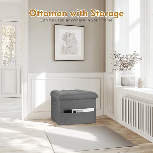 17-Inch Folding Storage Ottoman with Side Pocket, Dark Gray Linen Footstool