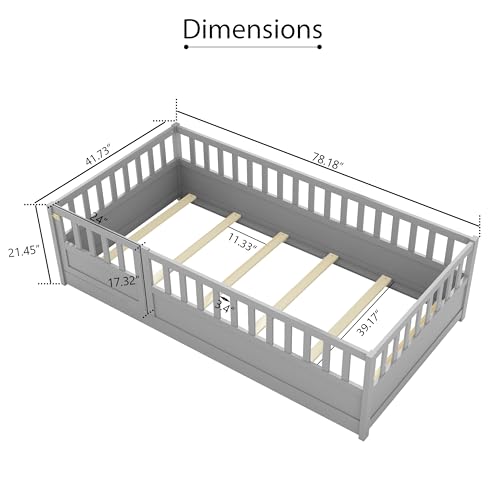 Montessori Twin Floor Bed Frame with Safety Guardrails and Door, Solid Pine
