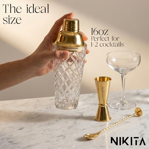 Nikita Gold Cocktail Shaker Set - 5-Piece Bartender Kit with Glass Mixer & Accessories