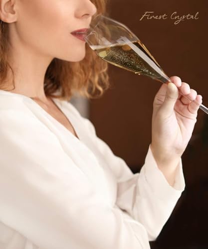 Hand-Blown Crystal Champagne Flutes - 7.5oz Tulip Glasses, Set of 4