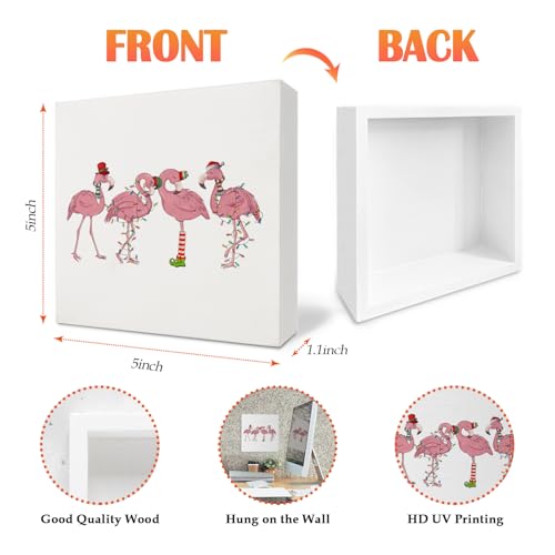 Nvotell Flamingos Funny Pink Santa Hat 5x5 Inch Wooden Box Sign — Christmas decor