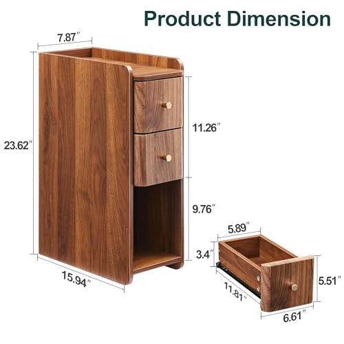 Narrow Wooden Nightstand with 2 Drawers, Slim Bedside Table for Bedroom