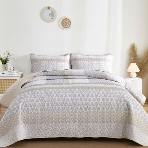 Beige Queen Quilt Set - Boho Striped Patchwork Bedspread (3-Piece)