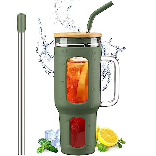 46 oz Glass Tumbler with Handle, Bamboo Lid and Straw for Iced Coffee