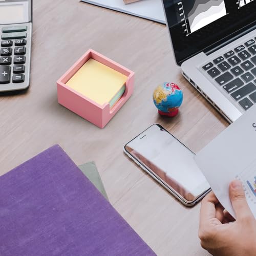 Wooden Sticky Note Holder 3x3 Inch Pink Desk Dispenser Organizer