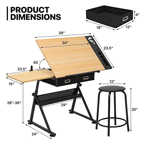 39-inch Adjustable Drafting Table and Stool Set with Storage Drawers