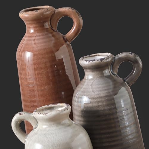 Rustic Ceramic Vases Set of 3 - Brown Boho Farmhouse Decorative Vases