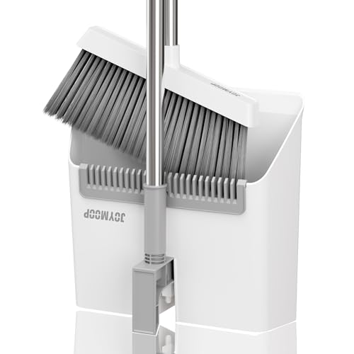 Upright Broom and Dustpan Set with Built-in Comb Teeth & Long Handle