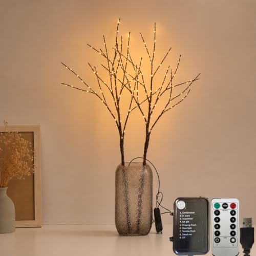 HelixBeam Warm White 200LED Branch Lights 34Inch | Detachable Twig Decor, USB & Battery Powered, 8 Modes, Large Vase Christmas Decor