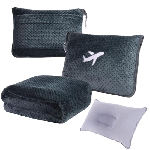 3 in 1 Travel Blanket and Inflatable Pillow Set - Compact & Soft