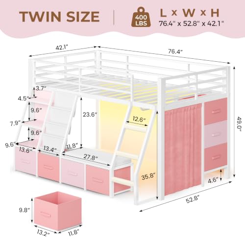 Kids Loft Bed with Storage Drawers, Reading Nook & LED Lights, White & Pink