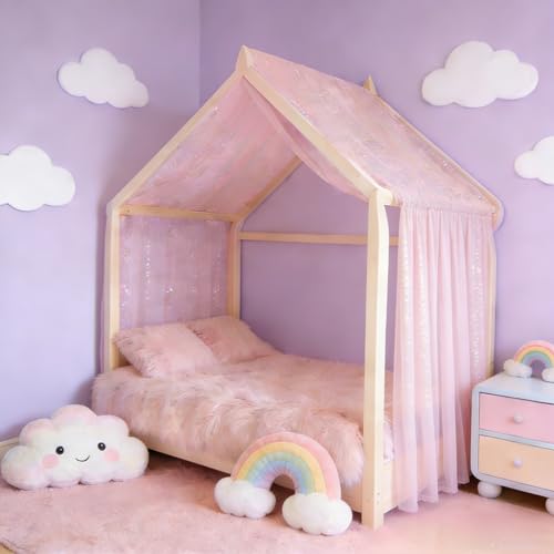 Pink Star Moon Bed Canopy Sheer Tulle Curtain for Kids Room 60 x 158 Inches