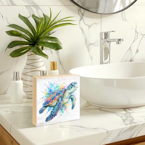 Colorful Sea Turtle Coastal Wood Block Plaque Box Sign - 5.9 x 5.9 inches, White