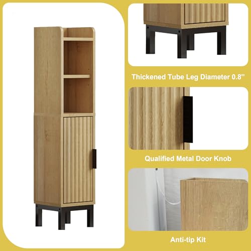 FerniTry Oak 4-Tier Narrow Corner Bathroom Storage Cabinet - Floor Toilet Paper Organizer
