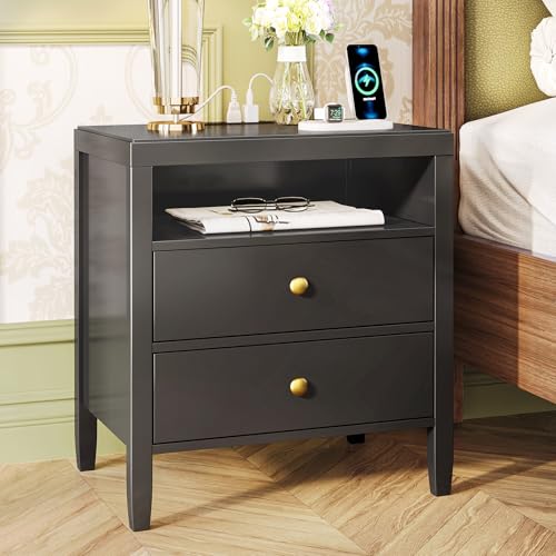 Black Nightstand Set of 2 with Charging Station and 2 Drawers