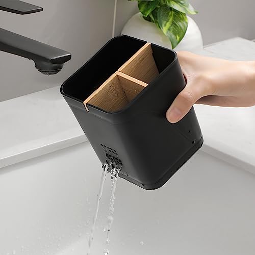Electric Toothbrush and Toothpaste Organizer with Bamboo Divider, Black