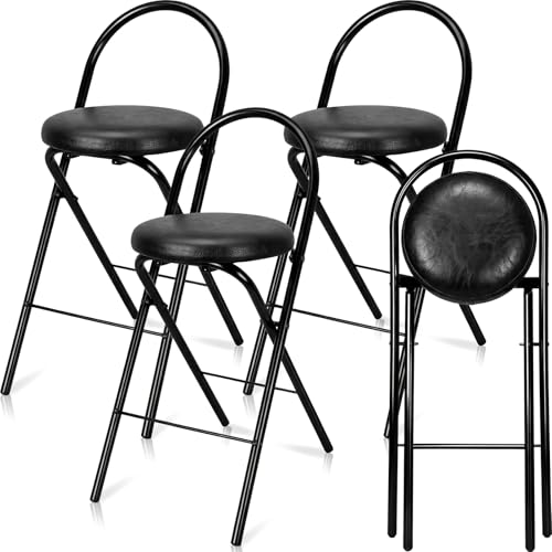 24-Inch Folding Bar Stools with Backrest, 4-Piece Set - Black Leather Padded