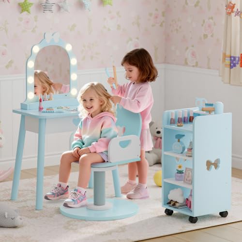 Kids Vanity Set with Light and Barber Chair - Pretend Play Salon Table