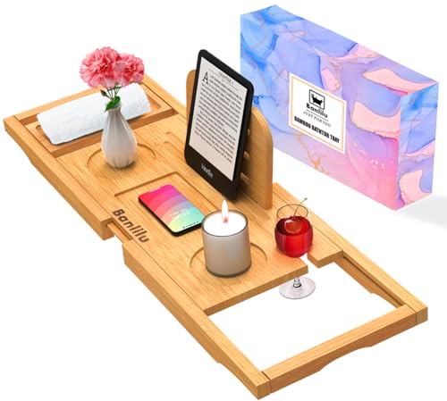 Banlilu Natural Bamboo Bathtub Caddy Tray Expandable Fits Most Tubs