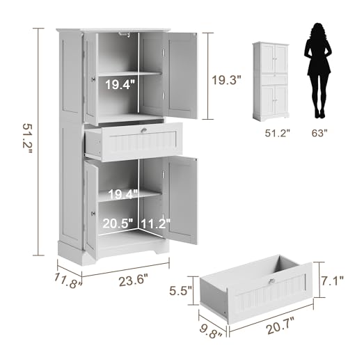 51-inch Tall Bathroom Floor Cabinet with Adjustable Shelves and Drawer